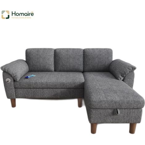 Canapé en velours gris avec rangement, accoudoirs et port USB 181 x 125 x 88 cm HOMAIRE (1/5)