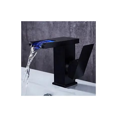 Robinet de salle de bain cascade en cuivre massif avec lave-mains eau chaude/eau froide et capteur de température intelligent à induction et changement de couleur. (1/4)