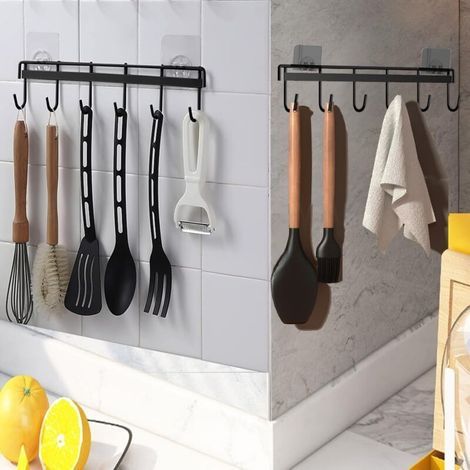 2-Piece Kitchen Utensil Holder, Kitchen Utensil Rack with 6 Hooks, No Drilling Required, Storage Organizer Rack for Kitchen/Bathroom (Black) (1/5)