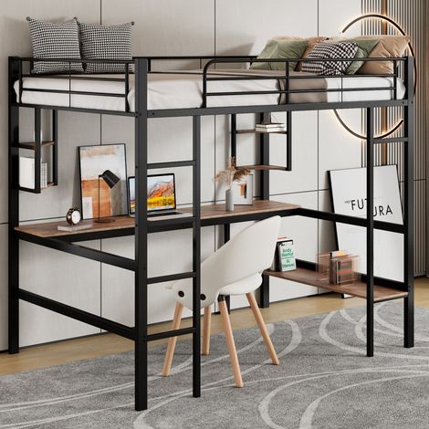 Lit mezzanine 90x200cm - Lit Enfant en Métal Certifié EN747 avec Bureau et Étagères – Style Industriel – Noir (1/5)
