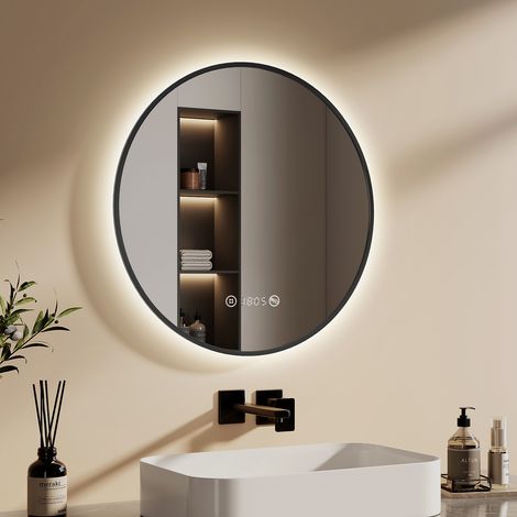 EMKE Badezimmerspiegel Rund 60cm Schwarzer mit LED Beleuchtung, Beschlagfrei, Uhr & Temperaturanzeige, Neutrales Licht, Dimmbar mit Memory-Funktion (1/5)