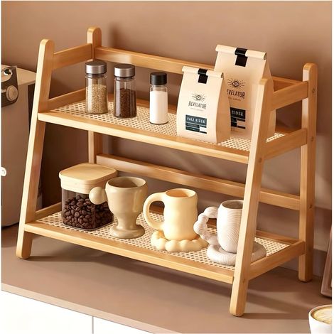 Küchen Organizer 2 Tiers Bambus Nachahmung Rattanweberei Deko Küche,Gewürzregal Stehend Küche Aufbewahrung (Holz 40 18 29) (1/5)