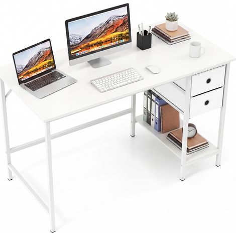 Bureau d'Ordinateur 60 x 120 cm, Table de Bureau avec 2 Tiroirs Étagère, Postes de Travail pour Chambre, Bureau, Blanc (1/5)
