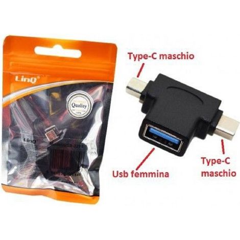 Linq - Adattatore Convertitore Lettore Otg 2in1 Usb Femmina A 2 Type-c Maschio Usb-2210 -