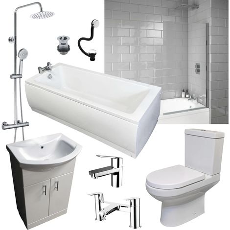 Complete Bathroom Suite including Bath Vanity Unit Screen Taps and Shower Valve, No End Panel (1/5)