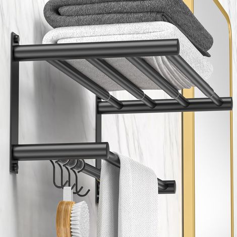 Barre porte-serviettes extensible de 17 à 30 pouces pour salle de bain, cuisine, porte-torchons, support mural en acier inoxydable SUS304, sans perçage, réglable (crochets mobiles noirs) (1/5)