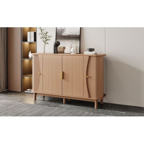 Buffet 140x40x88cm en MDF, commode à bords incurvés, 2 portes coulissantes, meuble de rangement pour salon ou entrée, charge max 60kg, placard d'appoint en bois naturel (1/5)