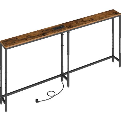 Table Console Étroite avec Prises, Hauteur Réglable, 160 x 15 x (64-89,4) cm, Marron Rustique et Noir