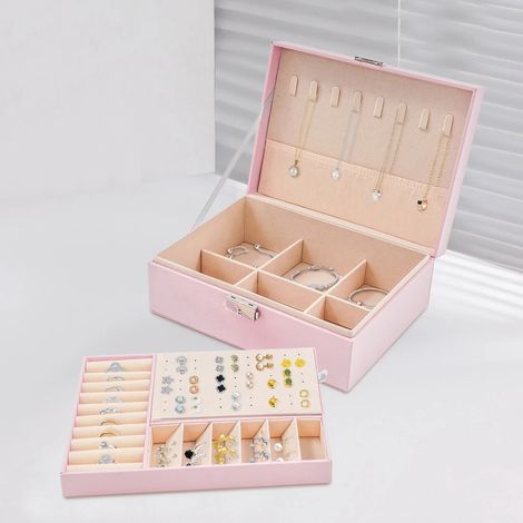 Double couche pu bijoux boîte de collection, boîte de rangement multifonction rose avec serrure et clé, 22.8  17  8.5cm