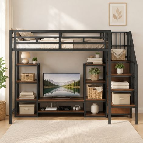 Hochbett 90x200 cm schwarz aus Metall mit TV-Ständer, Steckdose, Leiter und Stauraum (1/5)