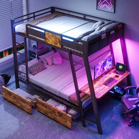 Metall Etagenbett 90x200 cm mit Gaming Schreibtisch, LED-Beleuchtung und Steckdosen, Schwarz (1/5)