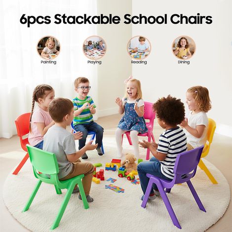 6er Set Stapelbare Kinder Kunststoffstühle Höhe 52cm in 6 Farben Kindergartensessel für Kita, Spielzimmer und Vorschule, Bunte Kinderstühle Stapelbar, Robuster Stabiler (1/5)