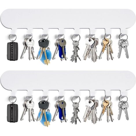 Porte-clés Mural - Rail Auto-adhésif avec 8 Crochets - Sans Perçage - Pour Couloir Porte d'Entrée Garage Salle de Bain Cuisine - Blanc - Lot de 2 (1/5)