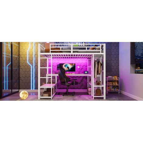 Lit mezzanine en métal 140x200cm avec rangement, penderie ouverte, port USB et éclairage LED, blanc (1/5)
