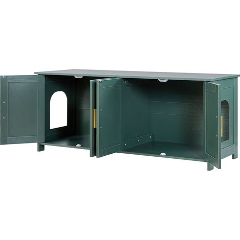 Cache Pot pour Chats Multiples, 120 cm Meuble à Litière Cachée avec 4 Portes en Rotin et 2 Entrées, Maison en Bois pour Chat, S'adapte à la Plupart des Bacs, Vert (1/5)
