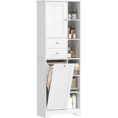 Meuble de salle de bain blanc avec panier à linge inclinable et tiroirs spacieux, design pratique et élégant, idéal pour organiser la pièce (1/5)