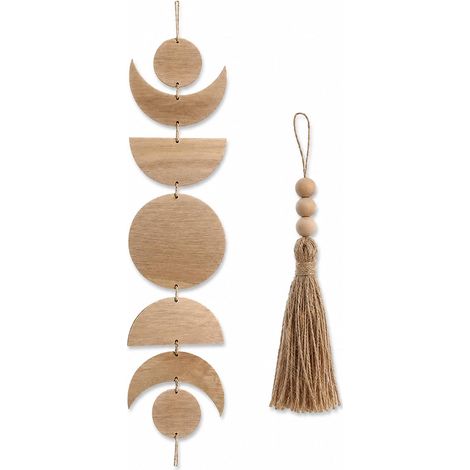 1 Set Déco Suspendue en Bois Soleil Lune avec Corde en Jute – 7 Ornements en Bois, Déco Murale Boho en Bois, pour Salon, Chambre, Fenêtre, Café, Cadeau (1/5)