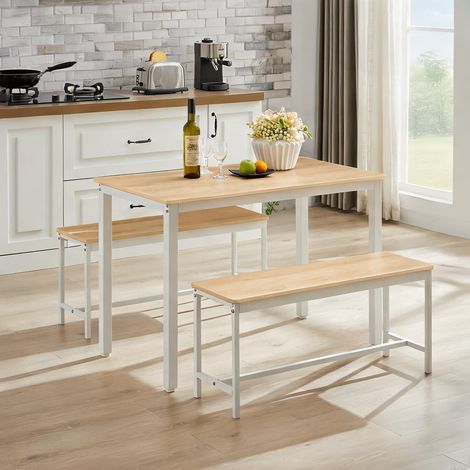 Ensemble table et bancs 110 cm industriel blanc et bois (1/5)