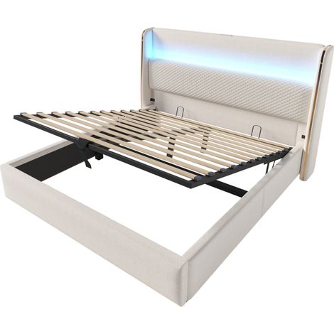 Lit coffre hydraulique 140 x 200 cm avec LED, USB-C, matelas, beige en tissu (1/5)