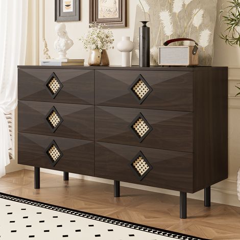 Élégante coiffeuse à 6 tiroirs avec poignée en rotin,pour chambre et salon – rangement pratique et stabilité,parfaite pour votre maison
