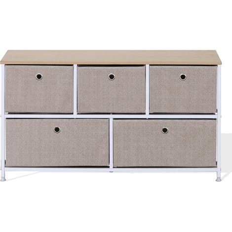 Mobili Rebecca – Commode enfant 5 tiroirs en métal et tissu – Dimensions H 55 x L 100 x P 29 cm – Charge max 5 kg par tiroir – Pieds ajustables pour stabilité (1/5)