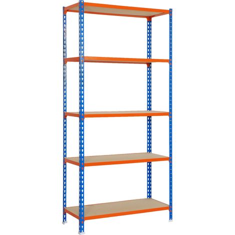 Estantería metálica sin tornillos SIMONCLICK de 5 estantes (200x120x30cm) AZUL-NARANJA Y MADERA (1/5)