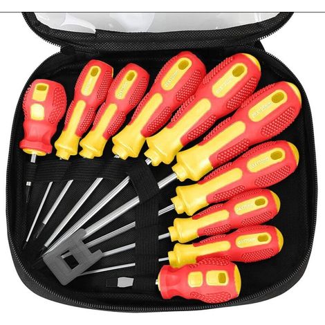 11 Pièces Tournevis Magnétique, 5 Taille Toute Épreuve Tournevis en Acier au Chrome Vanadium 5 Tournevis Plats et 5 Cruciformes avec Poignée Antidérapante - avec Sac à Outils (1/4)
