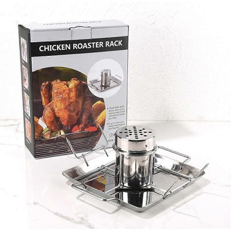 Rôtissoire à poulet barbecue améliorée en acier inoxydable, porte-bières et porte-vins avec canettes de bière, plateau de cuisson pour barbecue, grille et four. (1/5)