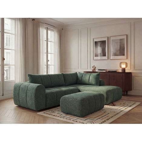 BOBOCHIC - Canapé d'angle L fixe NESTY tissu chiné avec pouf Angle droit Vert foncé (1/5)