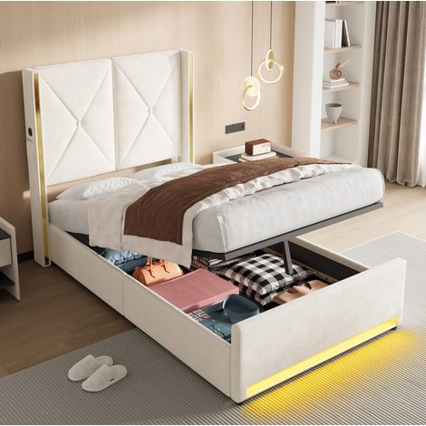 Cama con almacenaje 90x200 cm beige de terciopelo con LED, puertos USB/USB-C y elevación hidráulica (1/5)
