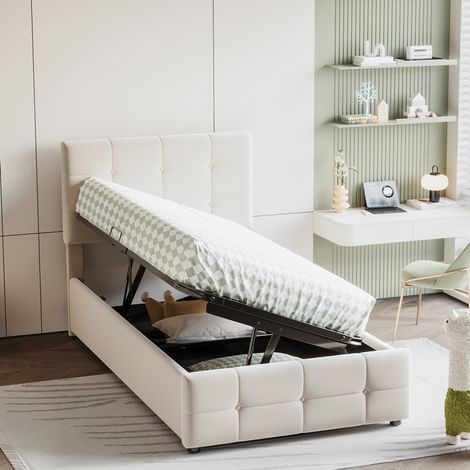 DESVIAE Lit enfant rembourré avec rangement hydraulique tête de lit réglable 90 x 200 cm beige velours MDF métal (1/5)