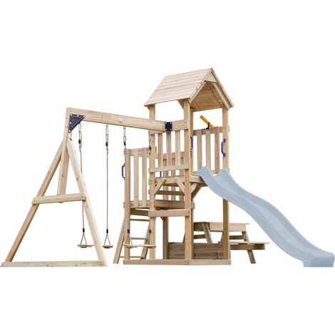 Axi Mette Aire De Jeux En Bois Avec 2 Balançoires, Toboggan Bleu Pastel, Table De Pique Nique / Aire De Jeux Extérieur Avec Balançoires/ Bac À Sable/Téléscope Portique Balançoire/Jeux En Bois Extérieu