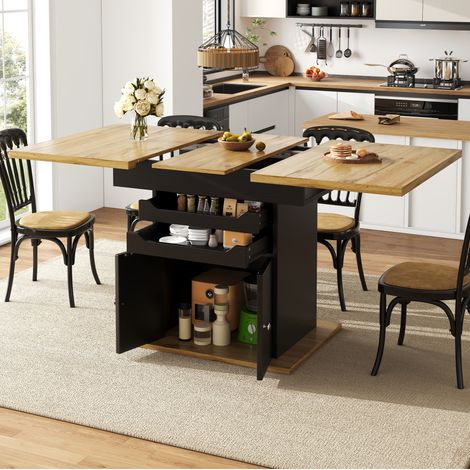 Mesa de comedor extensible 110-140x80 cm en MDF y metal, negra, con almacenaje y cajones (1/5)