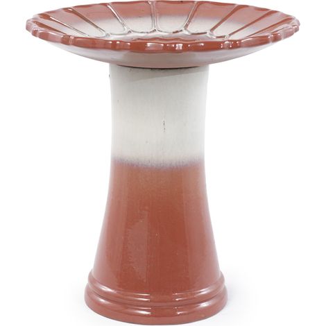 Abreuvoir à oiseaux en céramique artisanale (Ø 43 cm, hauteur 45 cm), émail brillant dégradé brun-rouge-blanc avec motifs floraux sur la vasque, résistant aux intempéries et au gel, pour jardin, terra (1/4)