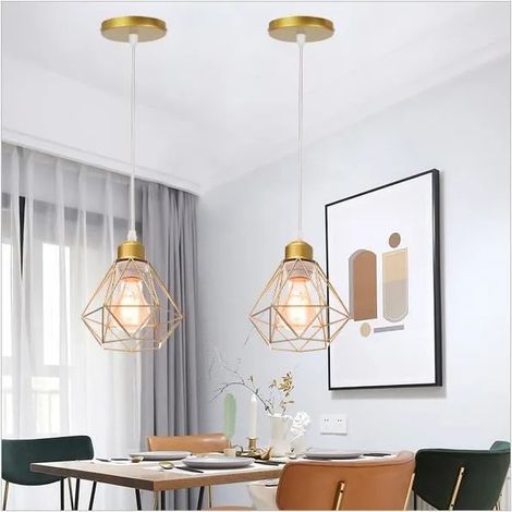 2PCS Lampe Suspension en Cage Métal Or,Lustre de Plafon de Style Edison Suspension Lumianire Industrielle pour Salon Chambre (1/4)