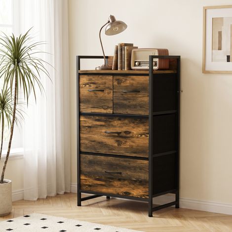 Commode en tissu avec 4 tiroirs pliants et structure en acier, style industriel pour salon, 60 x 29 x 85 cm, marron rustique (1/5)