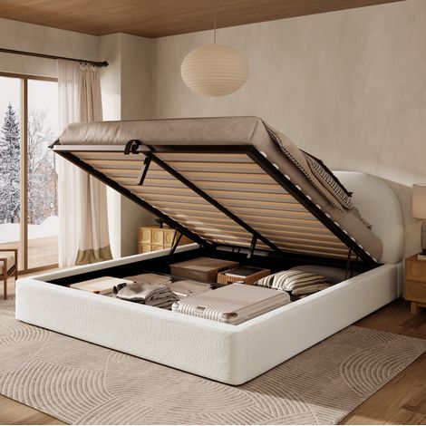 Bettgestell 180x200 cm Beige Bouclé mit hydraulischem Stauraum und gepolstertem Kopfteil (1/5)