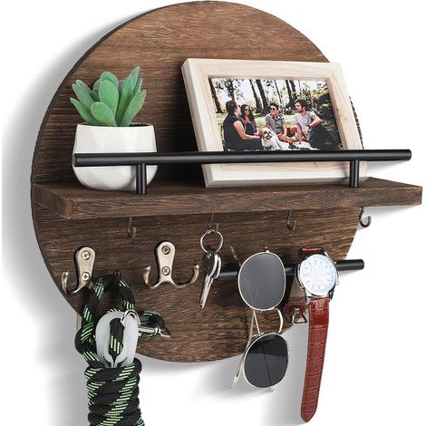 Porte-clés mural rond en bois – étagère ronde avec crochets – décoration et rangement d’entrée,Marron