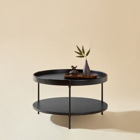 Table Basse Ronde en Bois Massif et Métal à Double Plateau de Style Moderne - 69x69x38cm - Noir (1/5)
