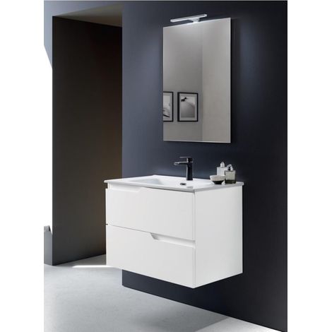 Mobile da bagno sospeso BORA base 80cm moderno a 2 cassetti con lavabo, BIANCO LUCIDO (1/3)