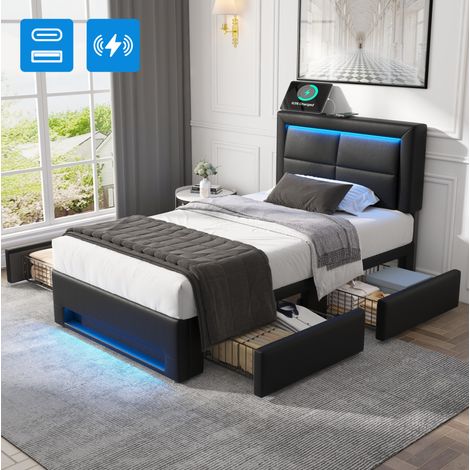 Cama tapizada 90/200 cm negra de PU con LED, carga USB y 4 cajones (1/5)