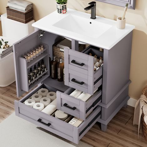 76x46x83,5cm Bodenstehender Badezimmerschrank mit Waschbecken, Waschtisch, Volllackierung, Türregal, drei geräuschlose Schubladen, integriertes Keramikwaschbecken, Grau (1/5)