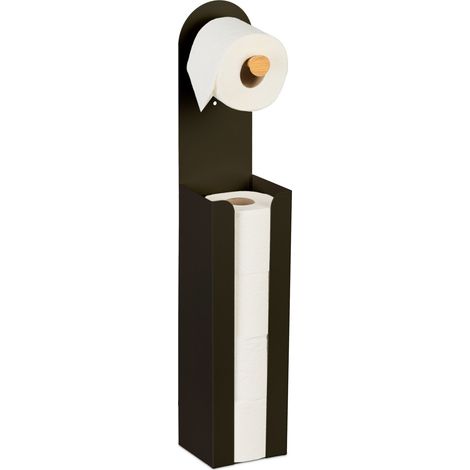 Relaxdays Porte-papier toilette, réserve de 4 rouleaux, fer et bambou, H x L x P : env. 66 x 12 x 11 cm, noir et nature