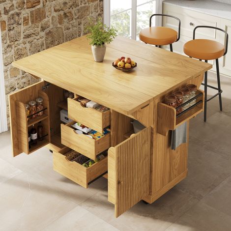Carro de cocina 142,5x80x95 cm MDF y metal marrón, tapa abatible ahorra espacio - MEUBLIV (1/5)