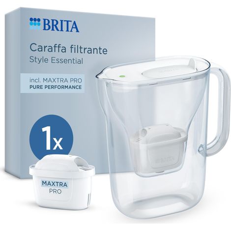 BRITA Caraffa filtrante Style Essential White (2.4L) incl. 1x BRITA MAXTRA PRO PURE PERFORMANCE che riduce cloro, calcare, PFAS e metalli - Adatta alla porta del frigorifero, con indicatore LED (1/5)