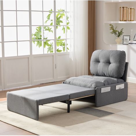 Canapé convertible 1 place in tessuto di lino grigio 81,5x92x90 cm, letto estraibile con tasche laterali (1/5)