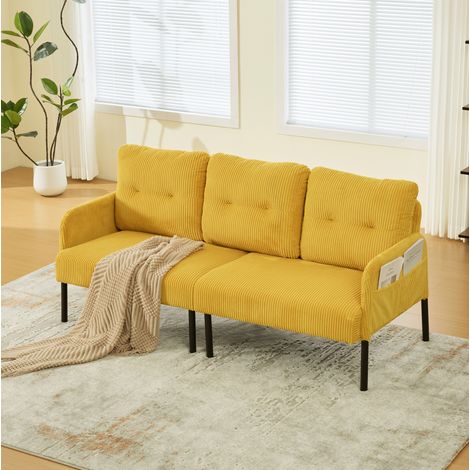 3-Sitzer-Sofa aus Cord, gelb, mit Seitentasche, Metall- und Holzgestell HAVRYA (1/5)