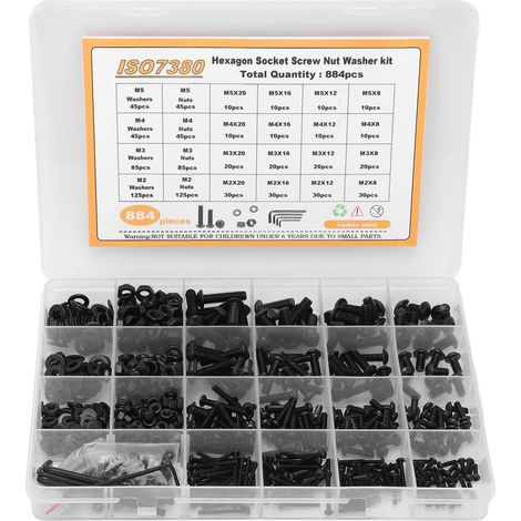 884 Pièces Kit de Vis à Douille Hexagonale, Acier Carbone Tête Demi-Ronde, Écrous Rondelles Clé Hexagonale (1/5)