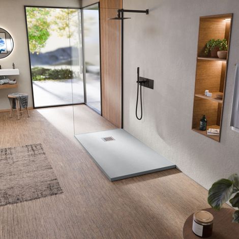 BELLOBATH - Receveur de douche en résine antidérapante - Texture ardoise douce -Avec la bonde et la grille comprises - Ciment - 70 X 200 cm
