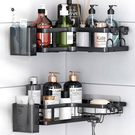 4 Pièces - Etagere Douche - Support Gel Douche - Acier Inoxydable 304 Sans Percage Pour Murs Carrelés Et Verre Noir 25x25cm (1/5)